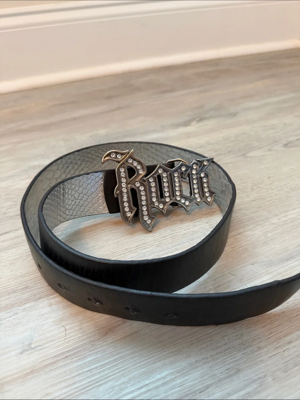 Black Rhinestone Logo Leather Belt